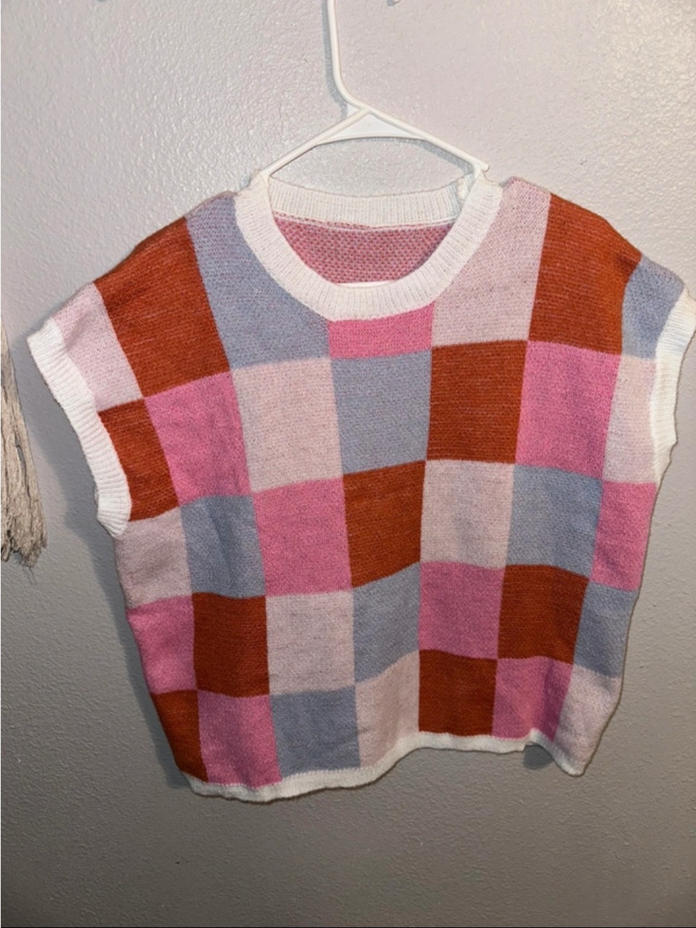 SHEIN Colorblock Checkered Knit Sweater Vest - Pink, Rust & Light Blue